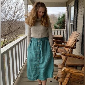 Teal Button-Front Linen Midi Skirt